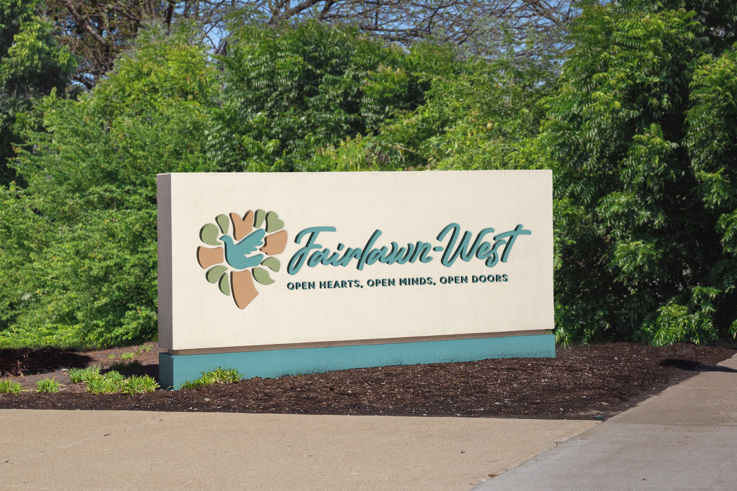 Outdoor signage featuring the new Fairlawn-West logo