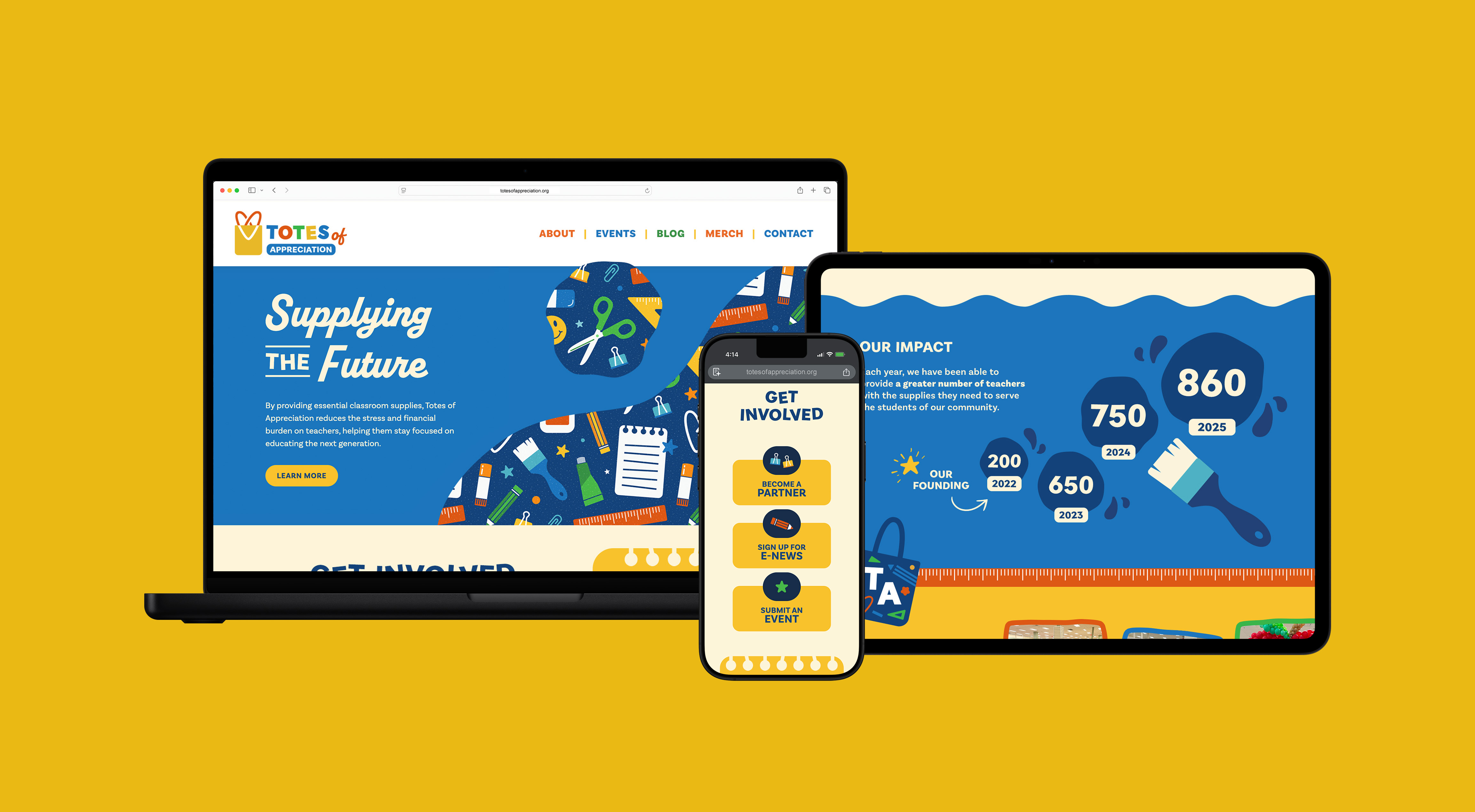 Totes of Appreciation website shown on different devices: laptop, phone and tablet