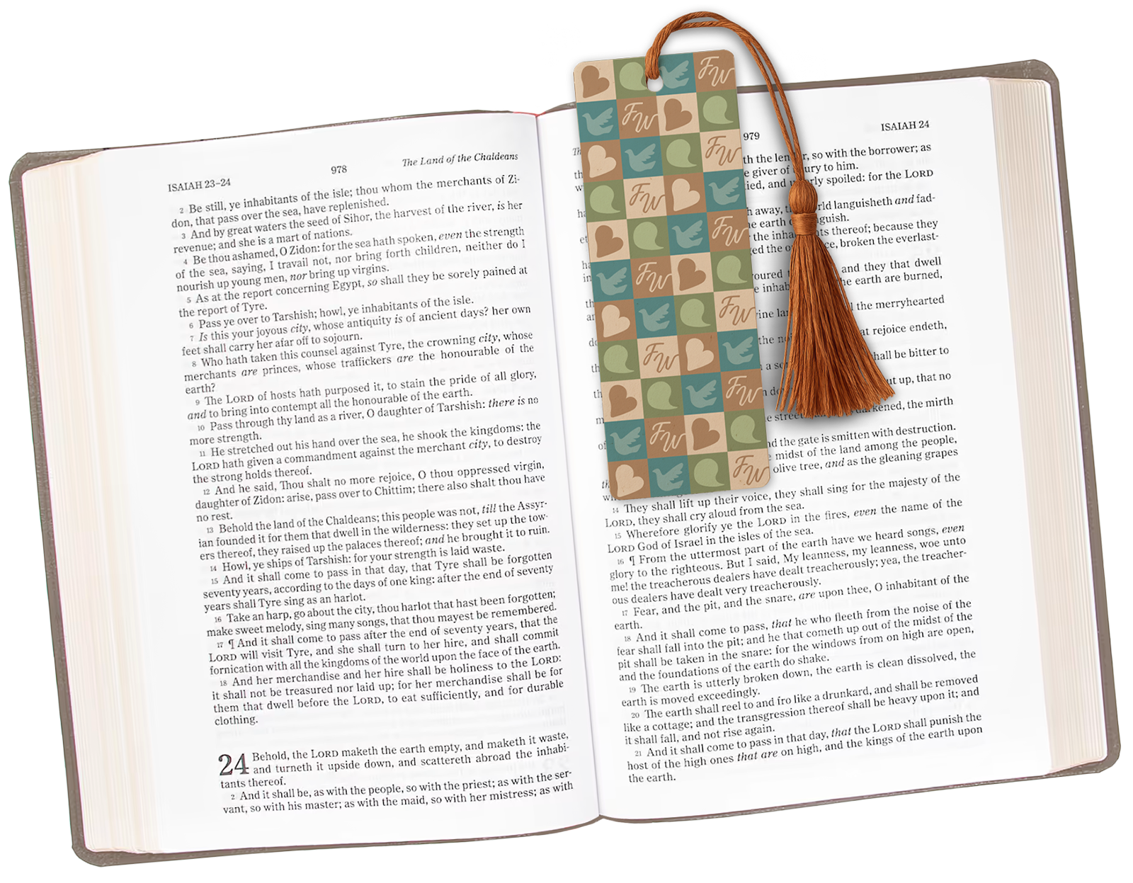 An open bible with custom patterned bookmark between the pages